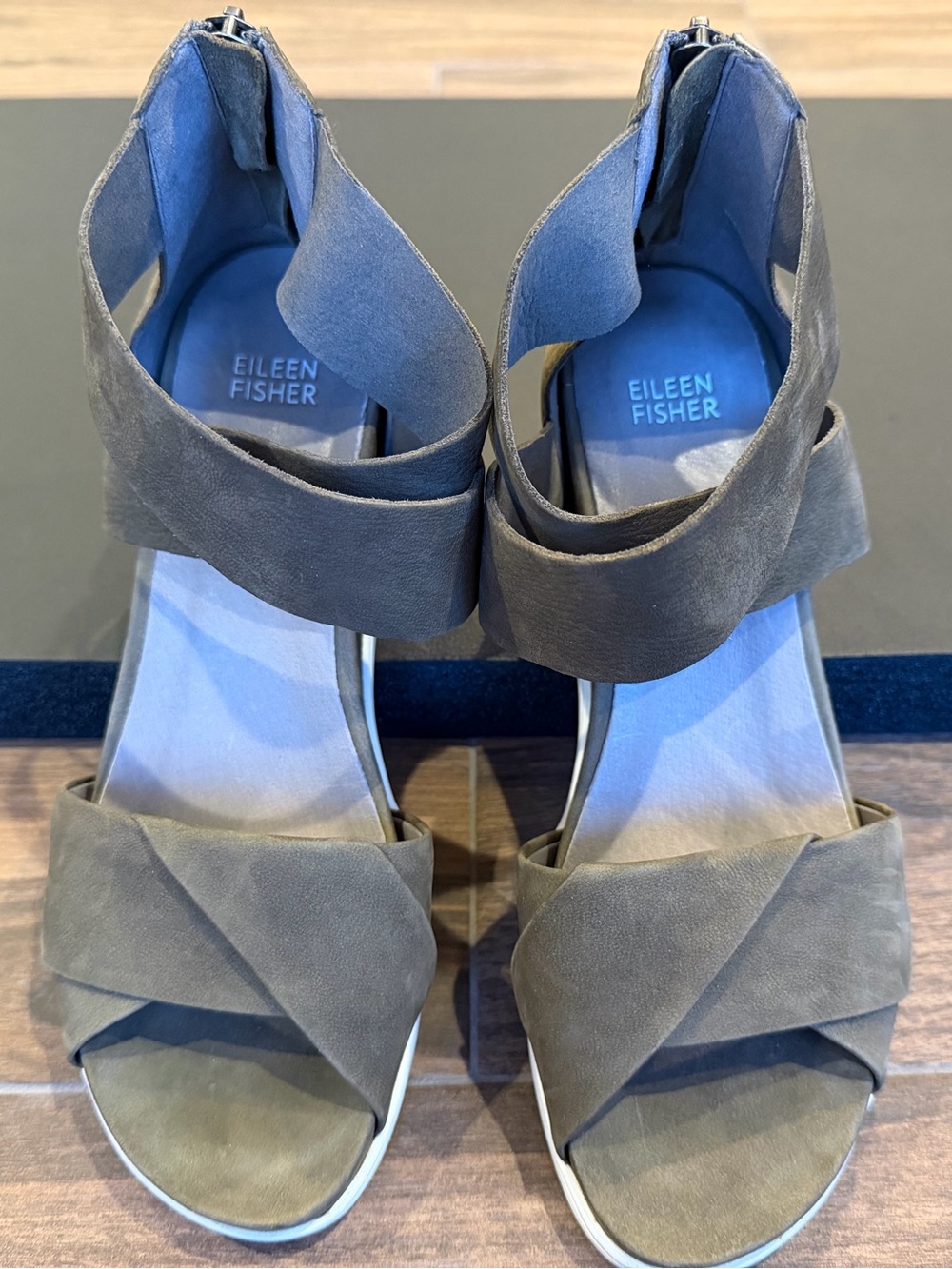 Eileen Fisher Olive Taupe Suede Wrapped Heel Sandals